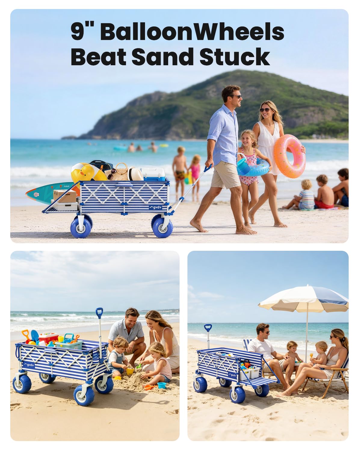 GVDV CW40 Beach Wagon with 9 in Big Balloon Wheels, Cart with Tailgate