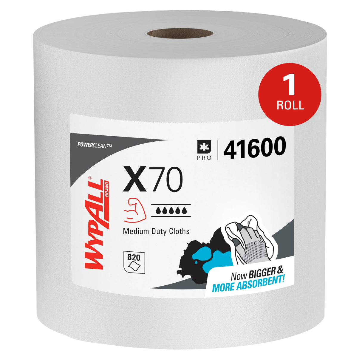 WypAll PowerClean X70 Cloths Medium Duty Wipes (41600), Jumbo, Long Lasting Towels, White (1 Roll of 870 Sheets, 870 Sheet Total)