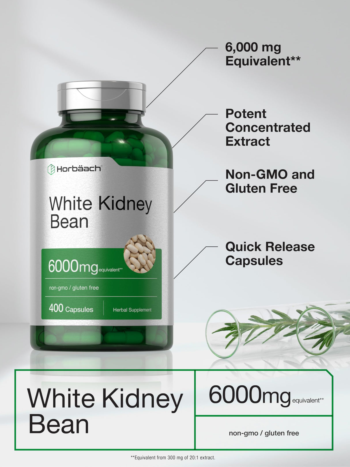 Horbäach White Kidney Bean Extract Capsules | 6000mg | 400 Count | Non-GMO & Gluten Free