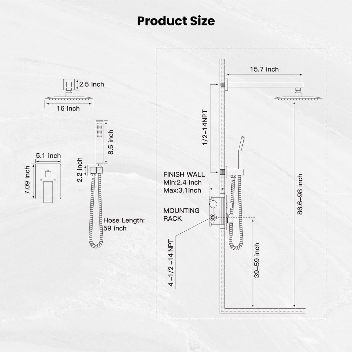 gotonovo Rainfall Bathroom Shower System Rain Shower Head and Handle Set Wall Mounted Shower Complete Combo Solid Brass Pressure Balancing Shower Mixer Valve 16 Inch Brushed Nickel