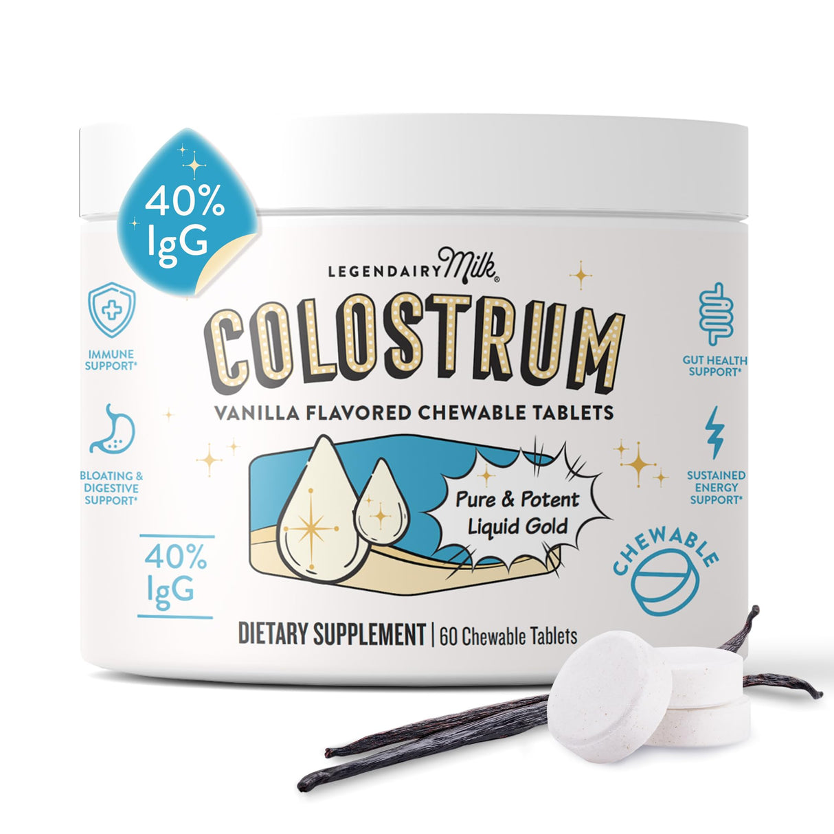 Legendairy Milk Colostrum Supplement - Premium Bovine Colostrum for Humans - 40% IgG Immunoglobulin for Immune Support & Gut Health - Energy & Muscle Recovery - Vanilla Chewable Tablets, 30 Servings