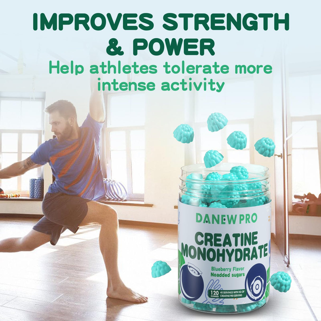 DANEW Pro Creatine Monohydrate Gummies 5000mg for Men & Women, Creatine Monohydrate for Muscle Strength, Muscle Builder, Energy Boost, Pre-Workout Supplement(120 Count)-Blueberry Flavor