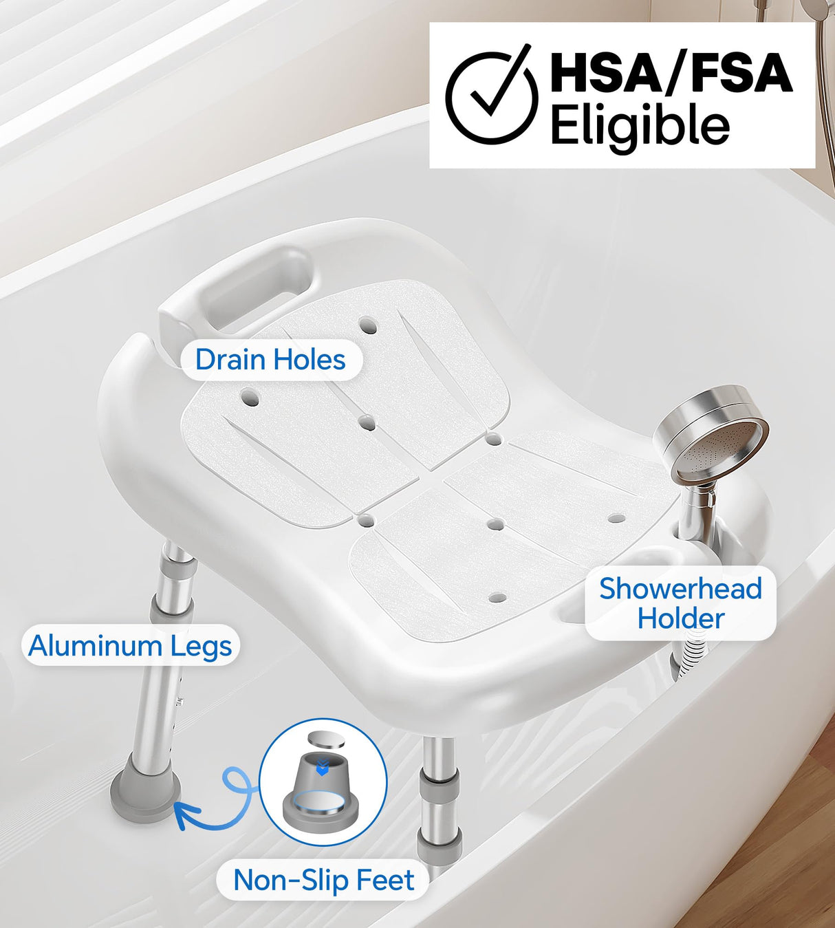 HOMLAND Shower Chair for Inside Shower, FSA/HSA Eligible, Adjustable Shower Stool with Strong Non-Slip Feet, 350 lbs Shower Seat for Inside Tub, Bench Bath Chair for Elderly and Disabled, White