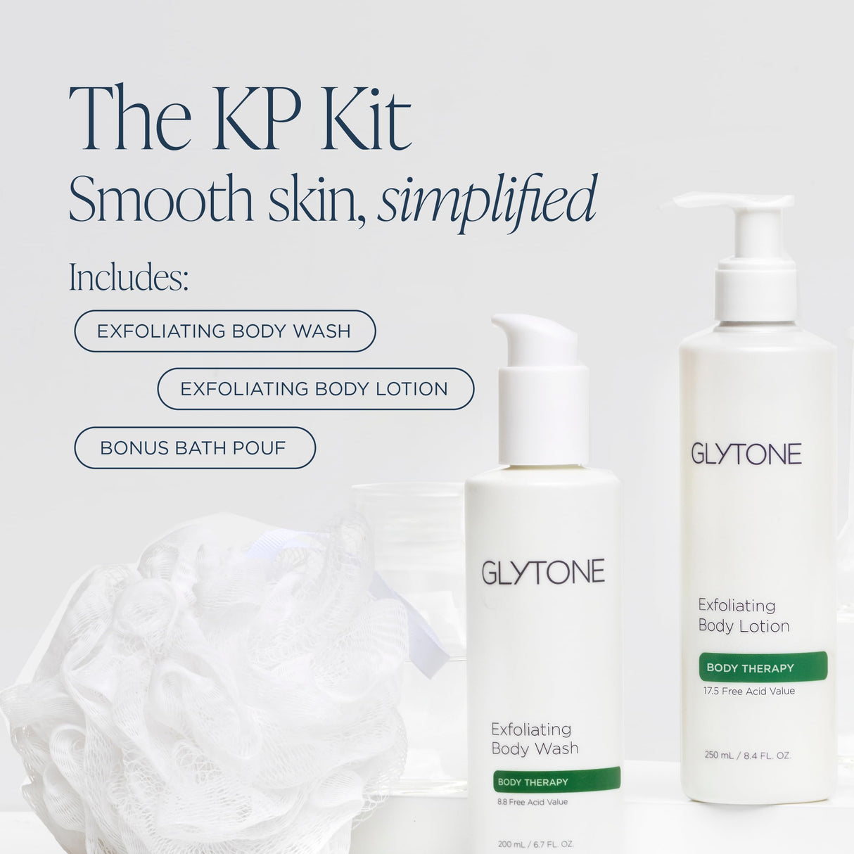 Glytone KP Kit – Exfoliating Body Wash, Glycolic Acid Lotion & Shower Pouf for Keratosis Pilaris – Smooth Rough Bumpy Skin, Fragrance-Free Skincare Routine for Dry Skin & Chicken Skin – Routine Kit