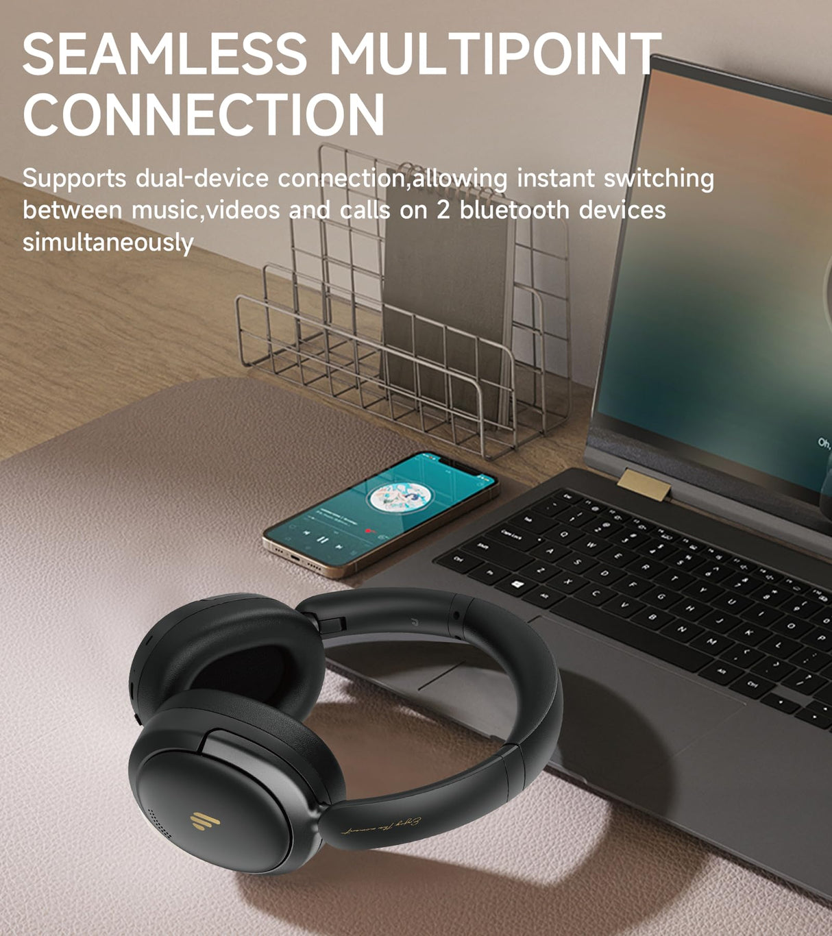 Atom Max - Hybrid Active Noise Cancelling Headphones, Hi-Res Audio, Wireless Over-Ear, Lightweight and Foldable, Comfortable earpads, 45H Playtime and Speed Charge, Customize via an App, Black