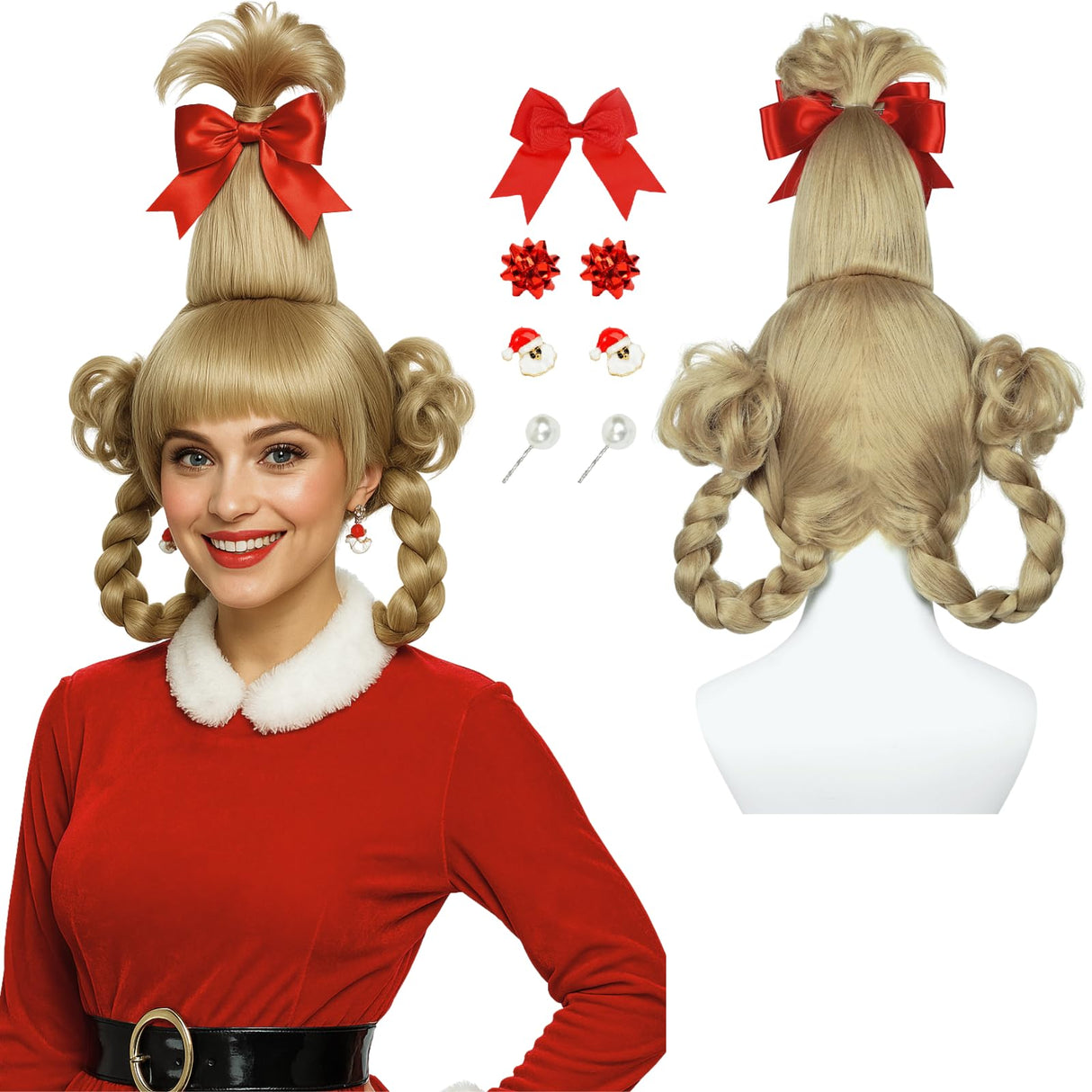 Blonde Braided Wig with Red-bow Earrings for Women Christmas Cindy Wig with Accessories for Halloween Christmas Costume Party