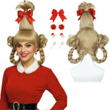 Blonde Braided Wig with Red-bow Earrings for Women Christmas Cindy Wig with Accessories for Halloween Christmas Costume Party