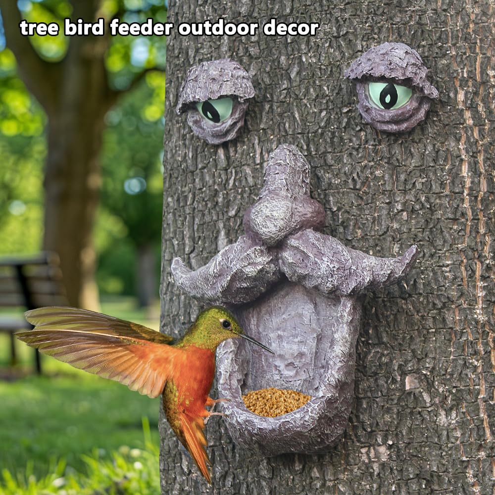 jinhuoba Tree Face Decors Wild Bird Feeders, Whimsical Big Eyes Old Man Face for Tree Hugger Yard Art Outdoor Garden Sculptures