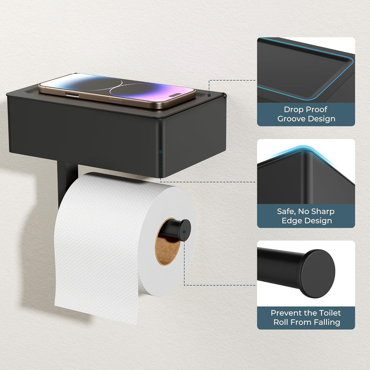 FORIOUS Toilet Paper Holder with Shelf, Sanitary Napkin Receptacle Tampon Holder, Wall Mount Toilet Paper Holder with Storage, Flushable Wipes Dispenser Fits for Bathroom Commercial(2, Matte Black)