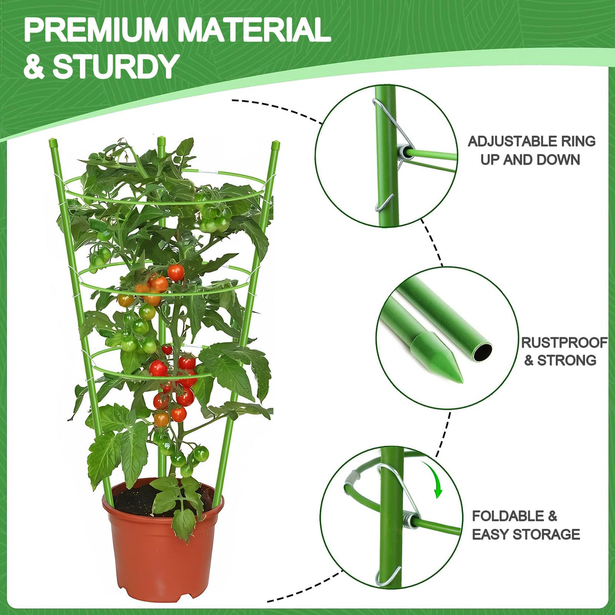KLS 3 Pack Tomato Cage for Pots Plant Support, Upgrade 24 Inches Tomato Cages for Garden, Pepper Cage Trellis Kit with Plant Tie and Clips (24")
