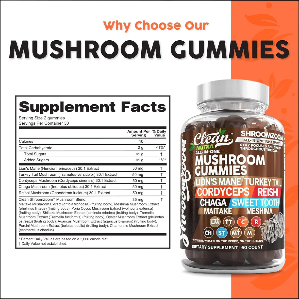 15in1 Mushroom Gummies with Lion's Mane Turkey Tail Cordyceps Reishi Chaga Sweet Toot Maitake Meshima Poria Cocos Shiitake Tremella, Oyster Agaricus Mushrooms for Men and Women Supplement - 2Pack
