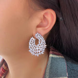 CWWZircons Luxury Cubic Zirconia Dangle Drop Big Earrings, Silver Plated, Clear Crystal Leaf Design, Wedding Bridal Party Statement Jewelry