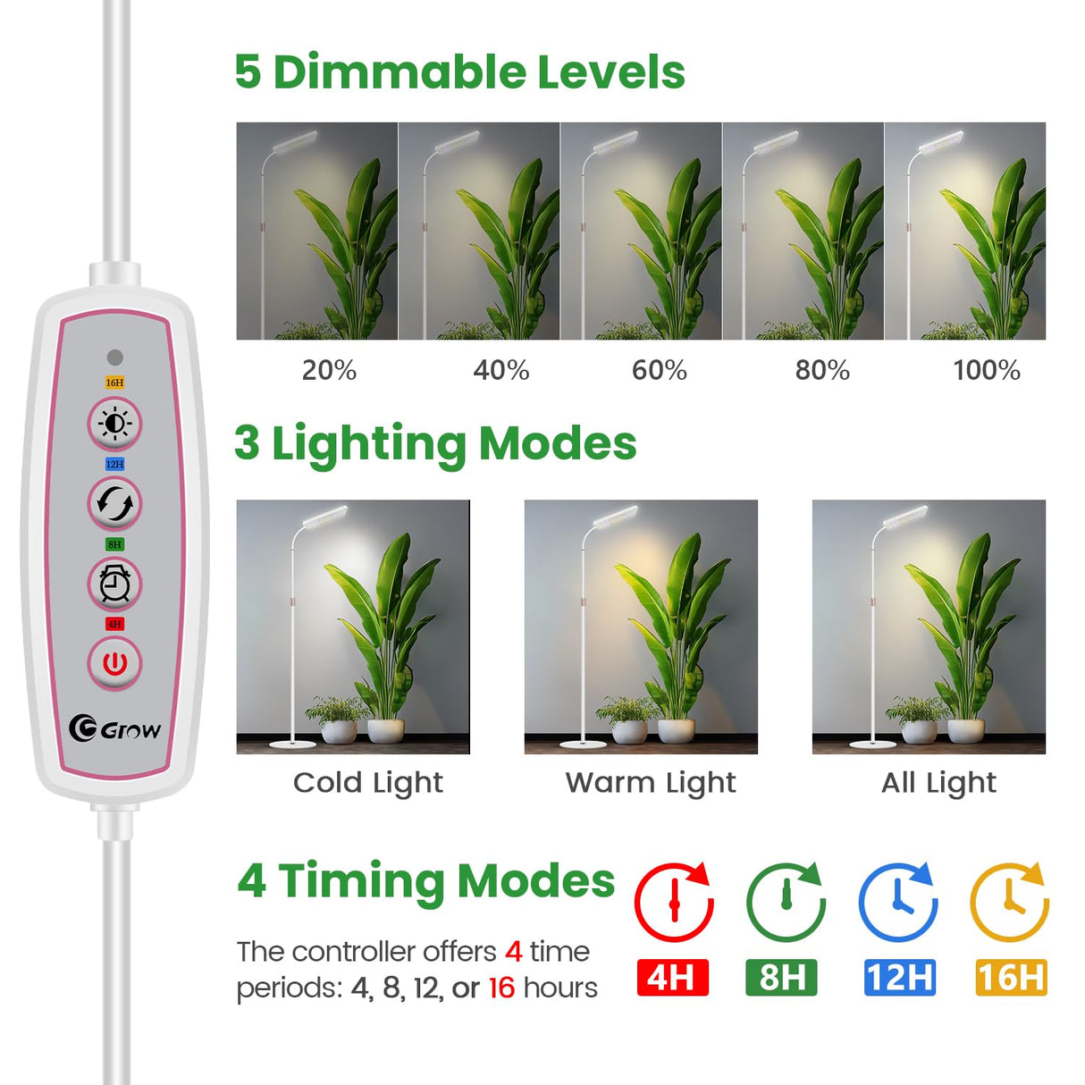 Wiaxulay Grow Lights for Indoor Plants, 153 LED Full Spectrum Plant Grow Light Floor Standing, Height Adjustable 24-68 in,4/8/12/16H Timer,3 Lighting Modes,5 Brightness for Growing Large Tall Plants