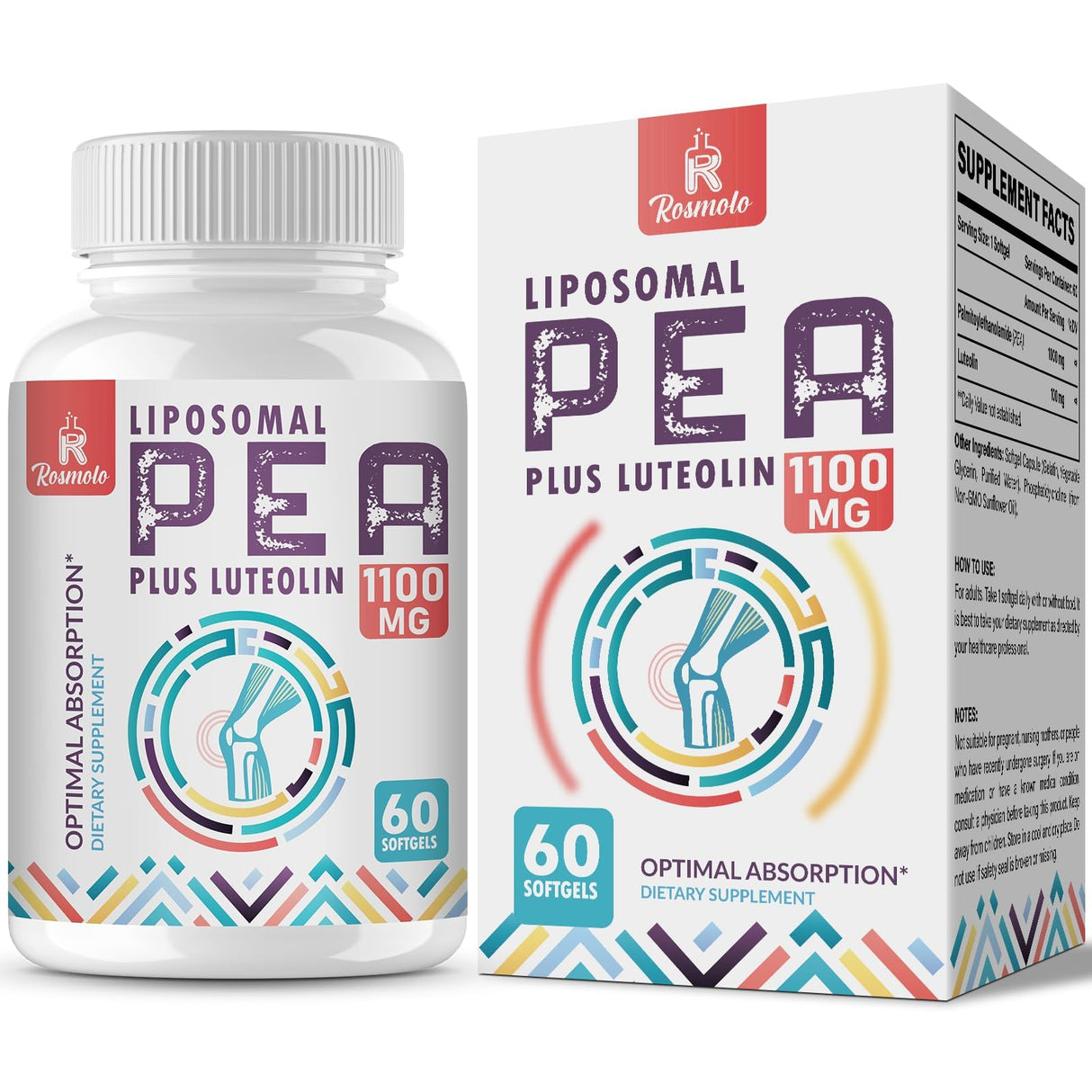 Liposomal Palmitoylethanolamide 1000 mg + Luteolin 100 mg, Micronized Pea 99% Highly Purified - Enhanced Absorption and Bioavailability, 60 Softgels