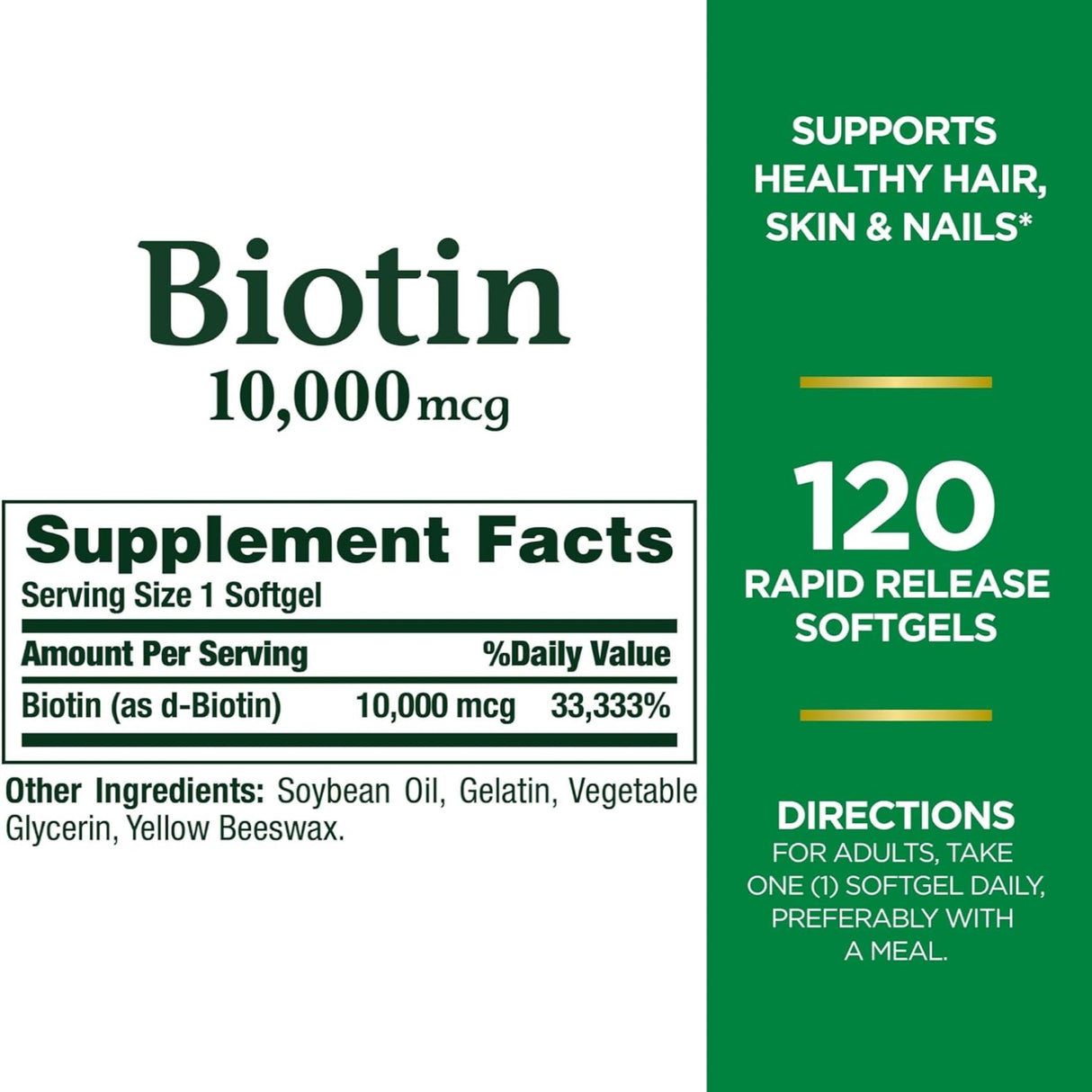 Nature's Bounty Biotin 10000 mcg Ultra Strength, Rapid Release Liquid Softgels 120 ea (Pack of 2)