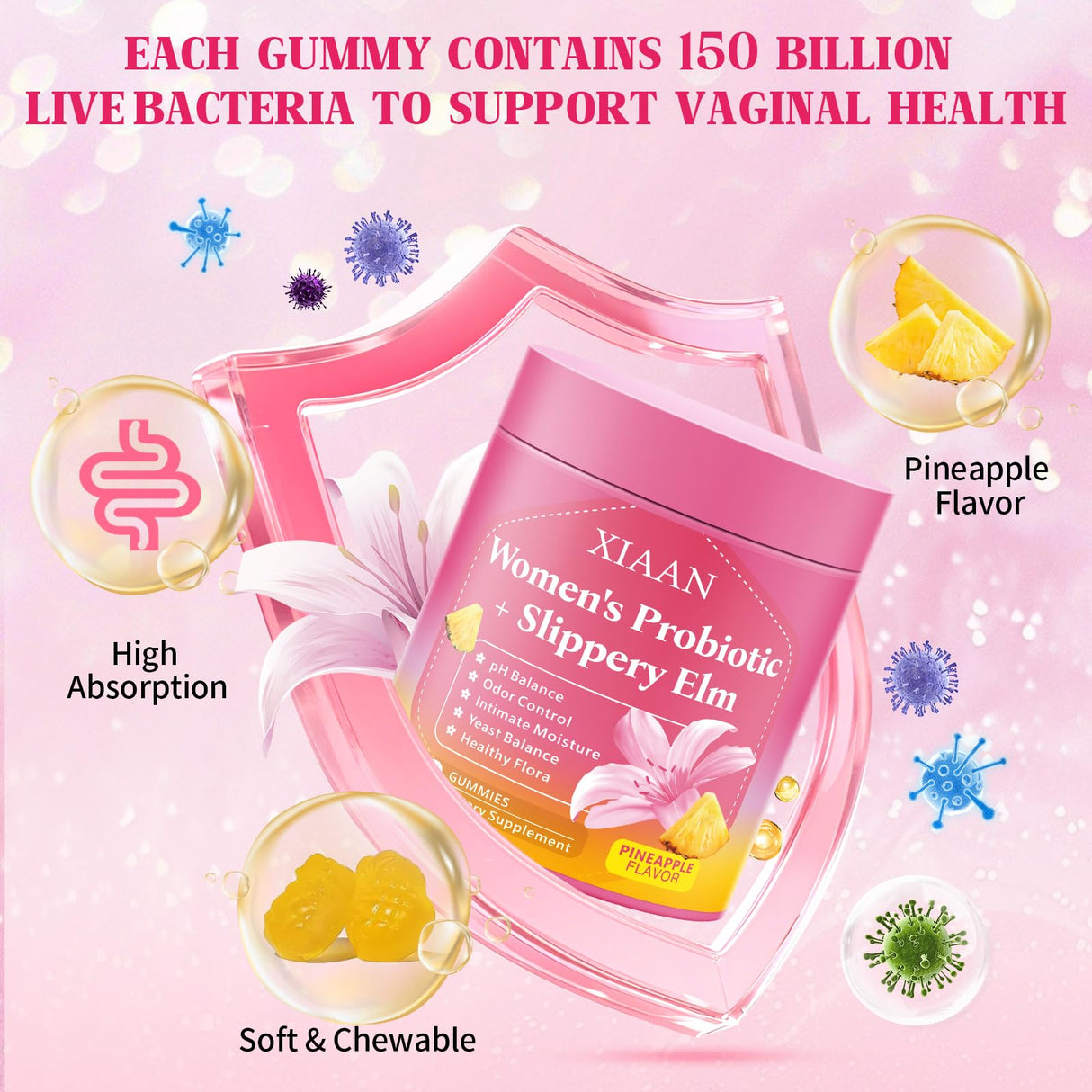 XIAAN Women Probiotic Slippery Elm Gummies, Her Juicy Feminine Probiotics Supports pH Balance & Immune System, Vaginal Probiotic Gummies, Suagr-Free, Veagn, Pineapple Flavor, 60 Count