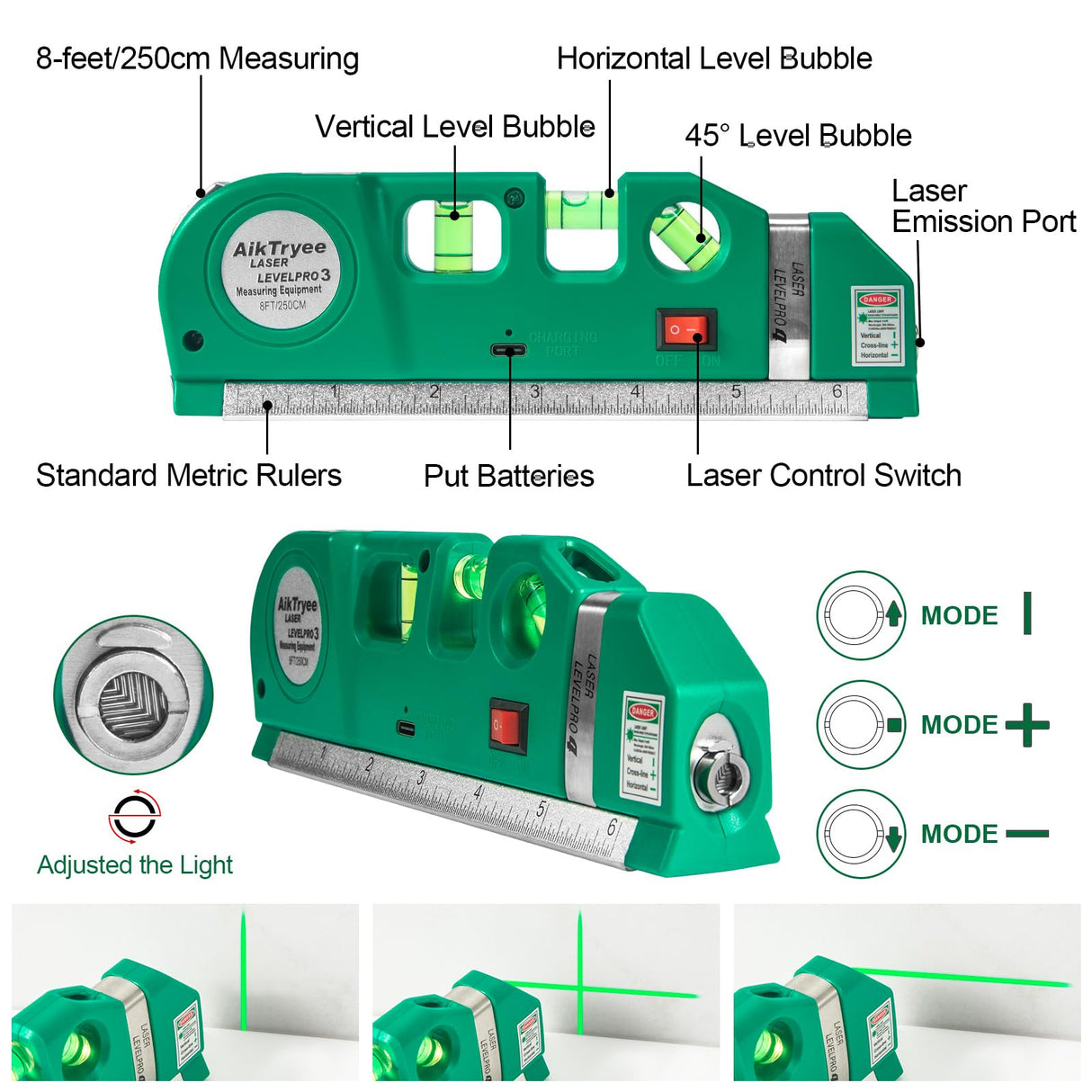 Level Tool Laser Level Leveler tool Cross Line Vertical and Horizontal Line with USB Rechargeable for Picture Hanging cabinets Tile Walls by AikTryee.