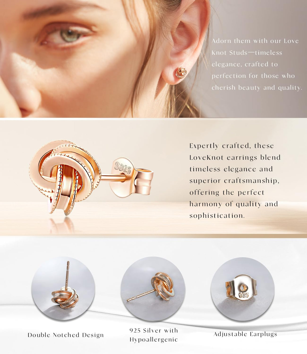Gold Plated Sterling Silver Studs Love Knot Earrings For Women | Hypoallergenic & Nickle Free Jewelry for Sensitive Ears (8, white-gold-plated-silver)