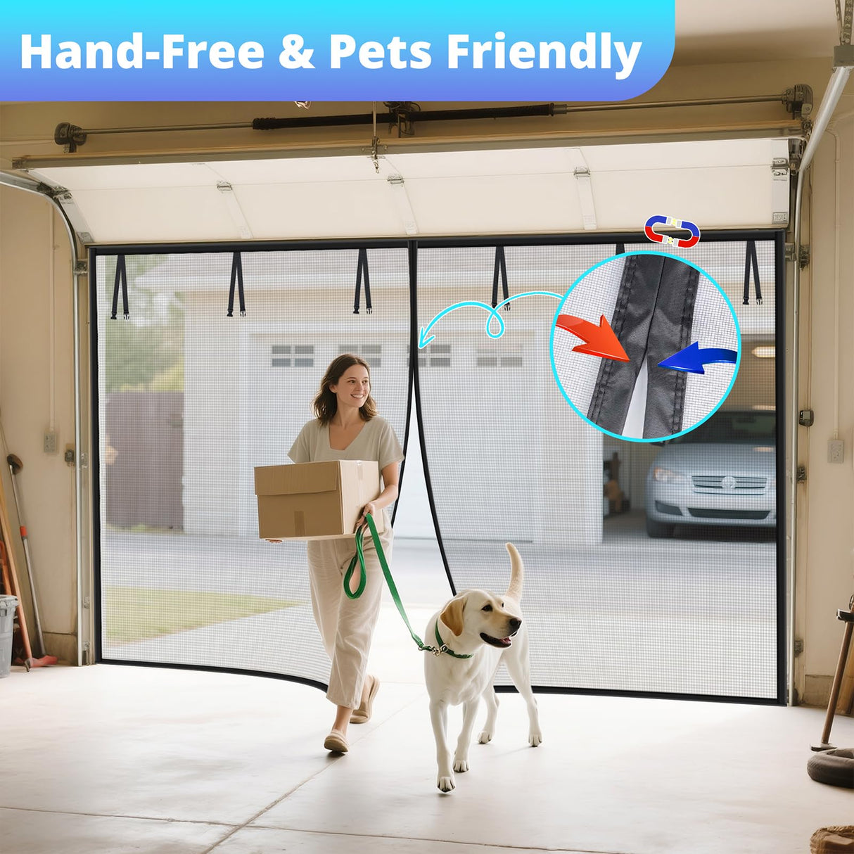 FEGO Garage Door Screen 16x7FT, Magnetic Screen Door with Retractable Fiberglass Mesh and Heavy Duty Weighted Bottom, Easy Assembly&Pass, Hands Free w/ 40 Magnets for 2 Car Garage/Patio/Small Shop