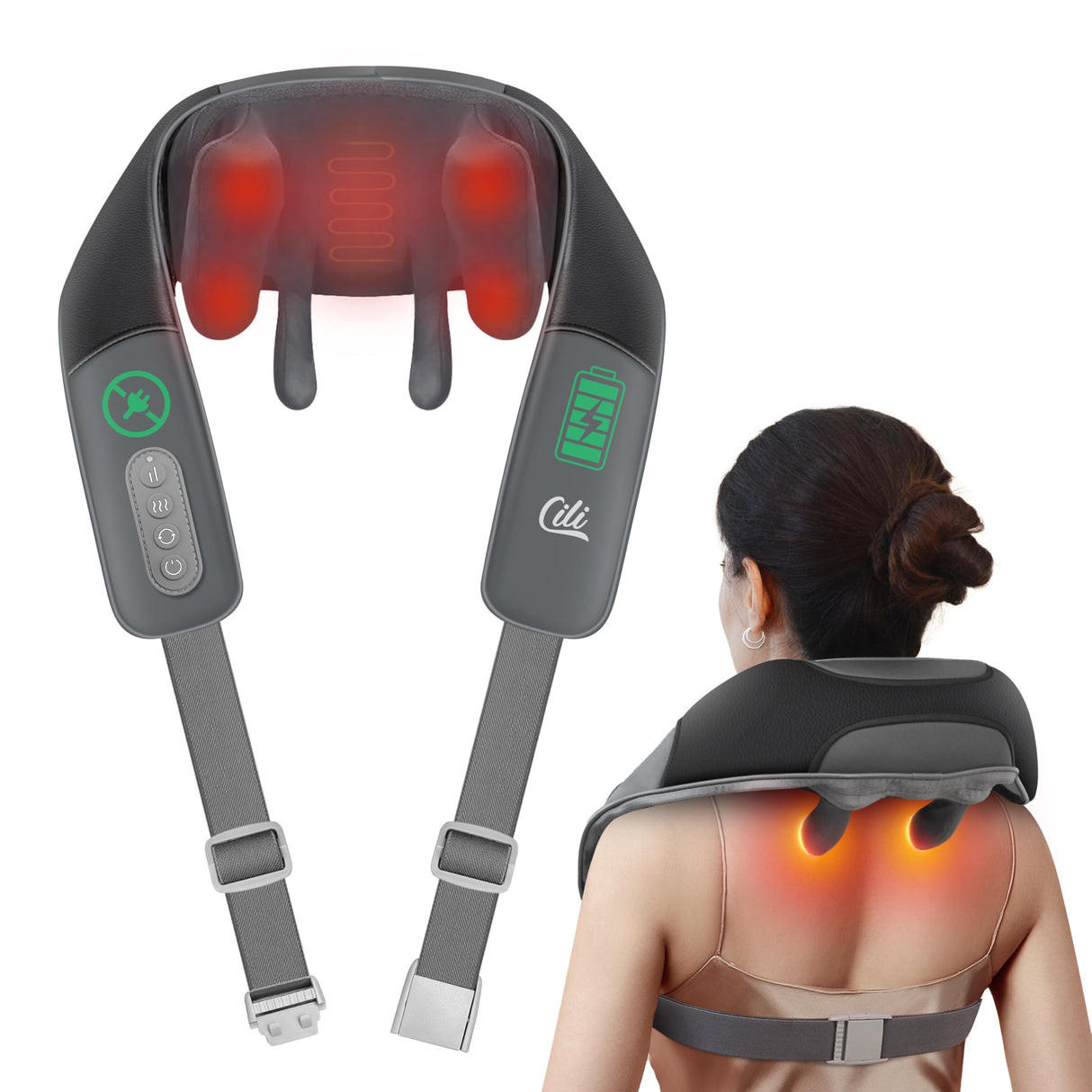 CILI Cordless Neck Massager with Heat, 4D Shiatsu Shoulder Back Deep Tissue, Neck Back Massager Pillow, Wider Massage Head & More Heating Area, Gift for Dad Mom