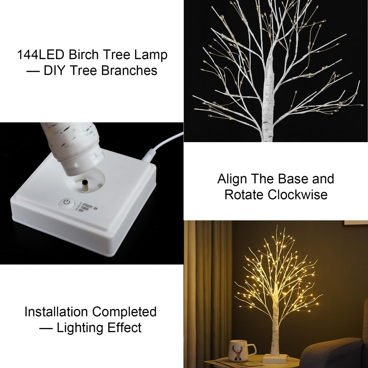 2 Pack 144 LED Artificial Tree Lamp with Timer, DIY Birch Tree with LED Lights, Lighted up Tree Lamp USB/Battery Powered, Fairy Light Spirit Tree for Table Home Bedroom Christmas (Warm White)