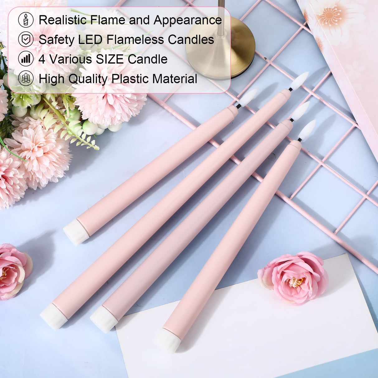 Rossesay 24 Pcs Flameless LED Taper Candles Battery Operated Candles 8.58'', 9.69'', 10.98'', 12.91'', 12.8'' Flameless Candlesticks Flickering for Halloween Christmas Church Wedding(Dusty Pink)