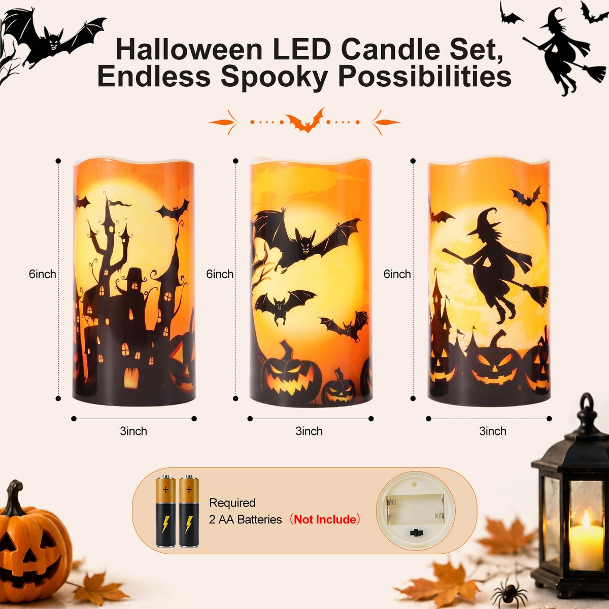Homemory Halloween Waterproof Flameless LED Pillar Candle with Timer Remote