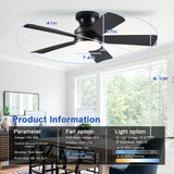 41 inch Ceiling Fans with Lights, Black Flush Mount Ceiling Fan with Remote, 3CCT, LED Dimmable, Reversible, 6 Fan Speeds, Quite Low Profile Ceiling Fan with Lights Modern Bedroom Kitchen Indoor