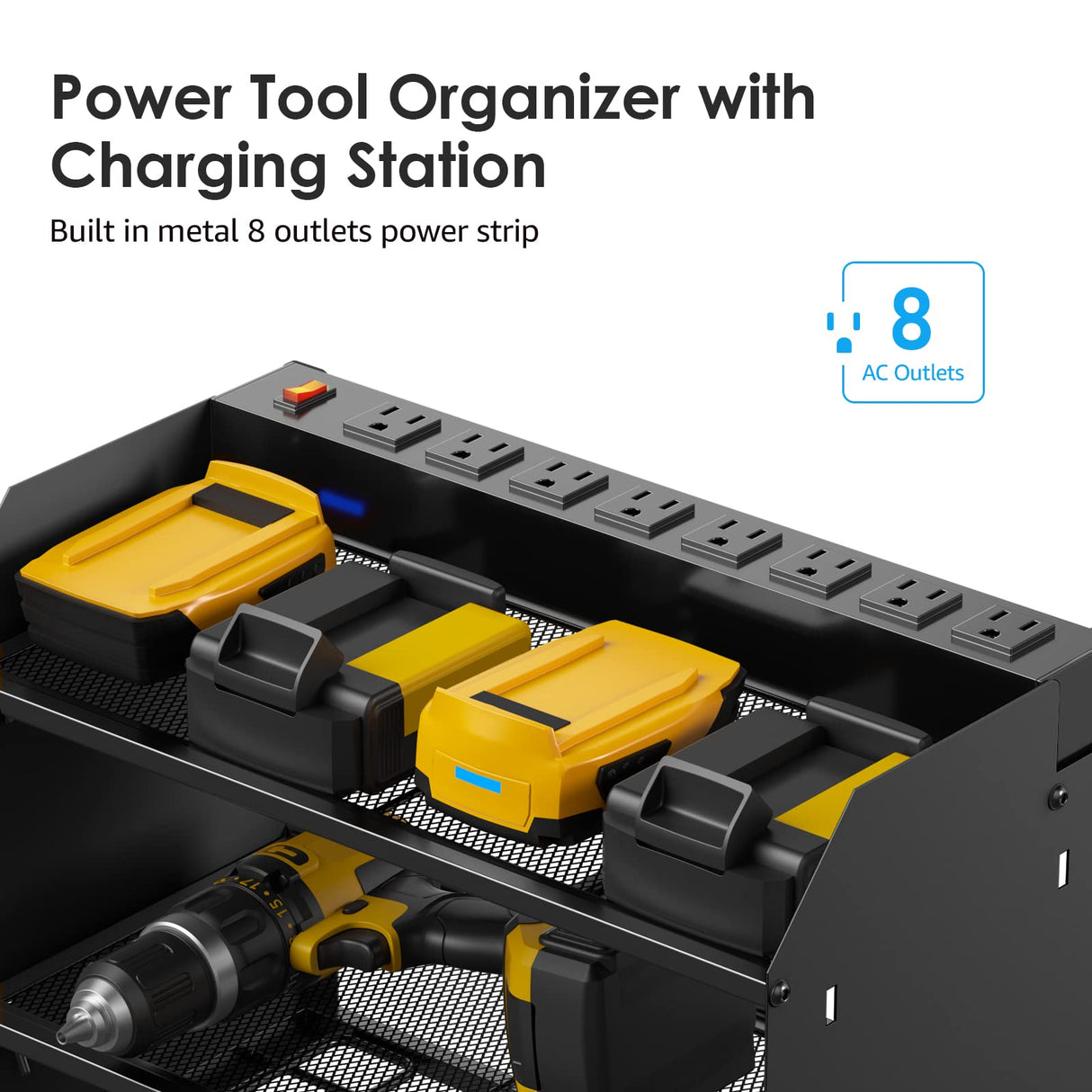 CCCEI Modular Power Tool Organizer Wall Mount with Charging Station. Garage Drill Storage Shelf with Hooks, Heavy Duty Rack, Tool Battery Holder Built in 8 Outlet. Gift for Men. Black, 1 Pack.