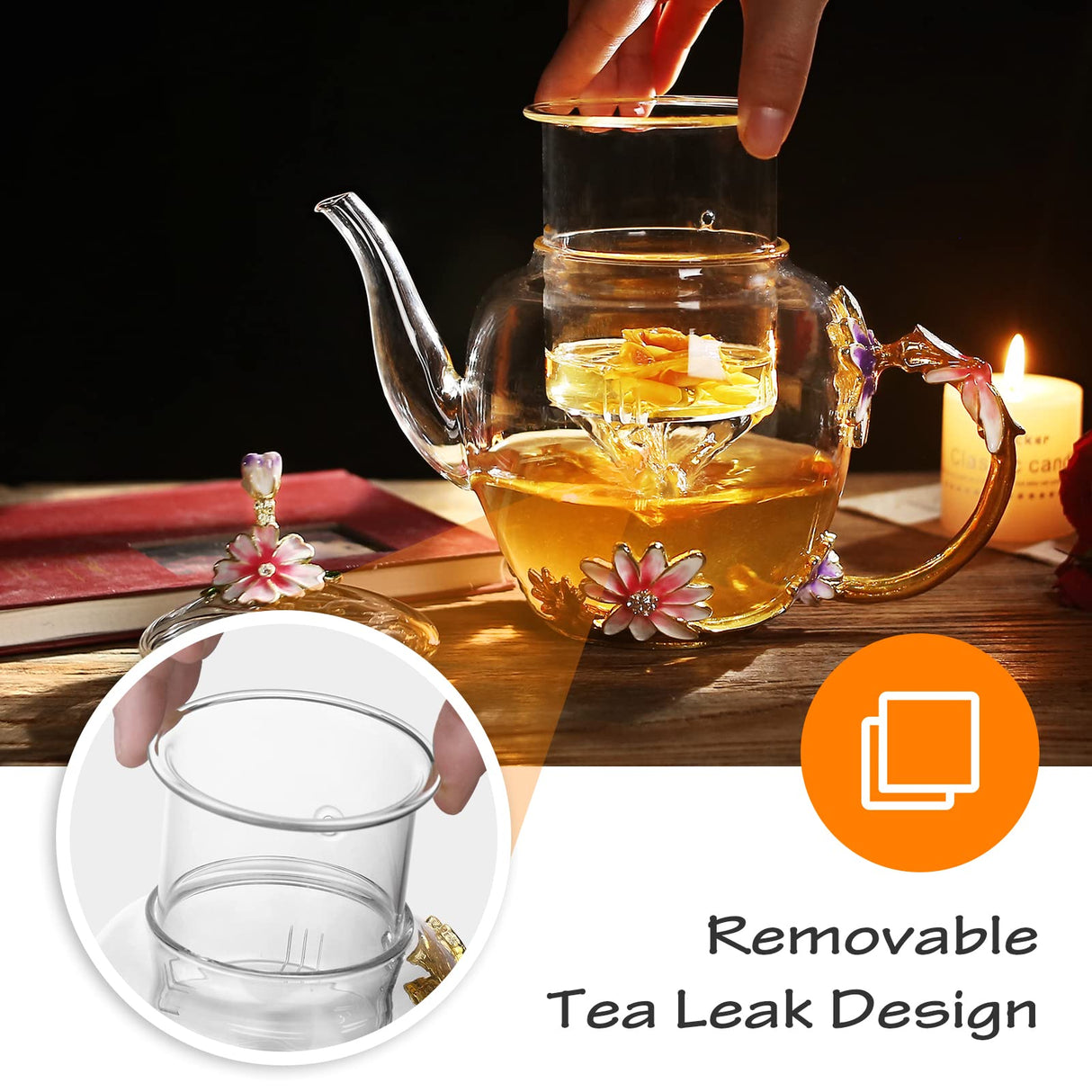 Luka Tech 35OZ Enamel Glass Flower Teapot With Removable Loose Tea Leaf Infuser Tea Maker,Gifts For Women,Mom,Mothers Day,Christmas,Birthday,Valentines Day