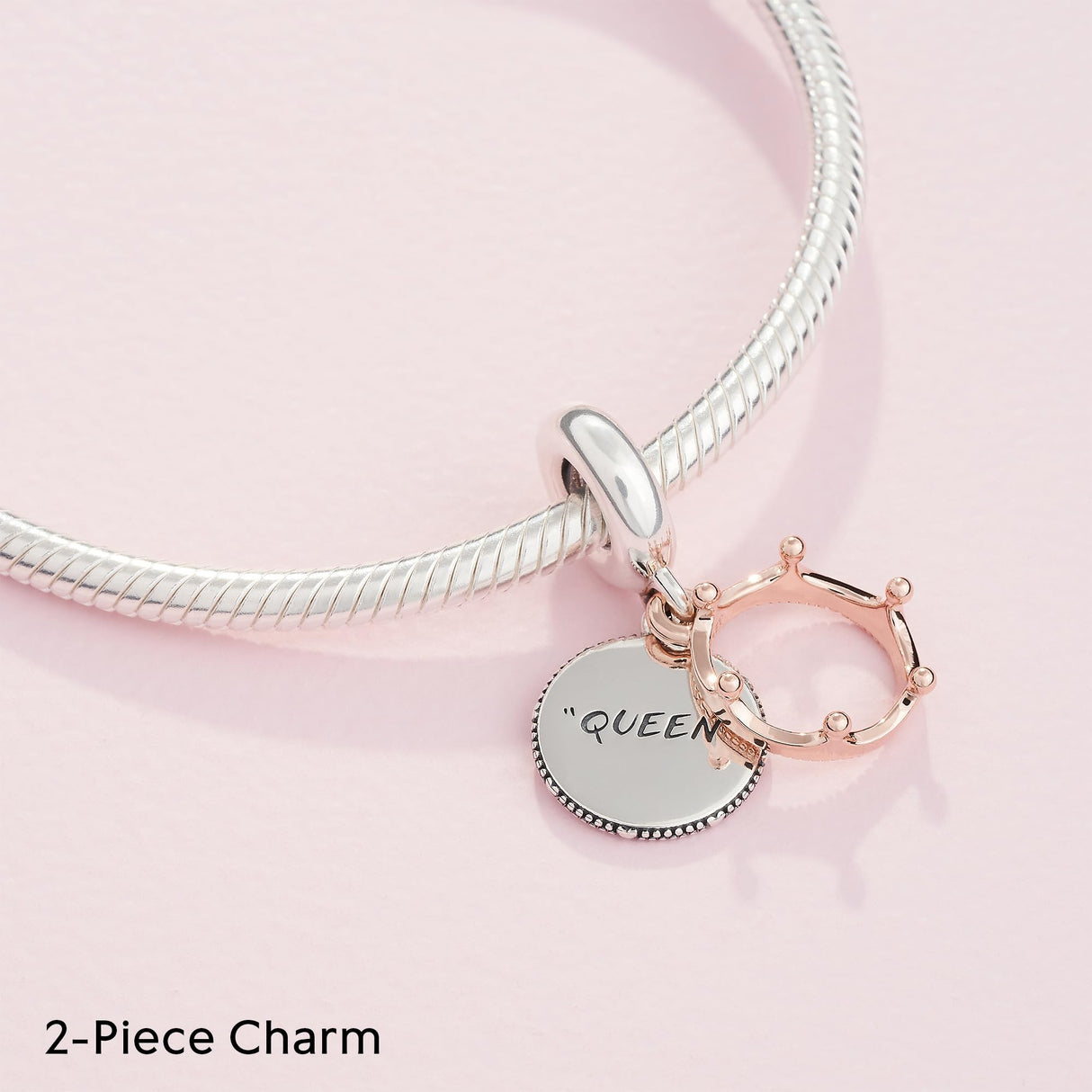PANDORA Queen & Regal Crown Dangle Charm - Engraved Plaque Detail - Jewelry for Her with Gift Box - Compatible Moments Charm Bracelets - Sterling Silver & 14k Rose Gold