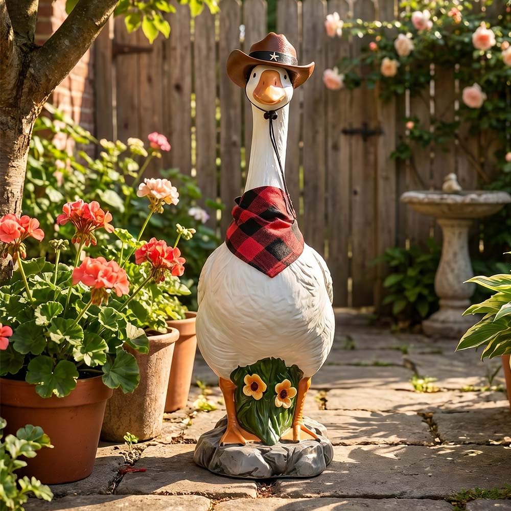 VTYER 2026 New Adjustable Large Porch Goose Statue – 14 Inch Realistic Hollow Plastic Garden Goose with Removable Cowboy Hat & Bandana, Stone Base with Sand-Fillable Design (White)