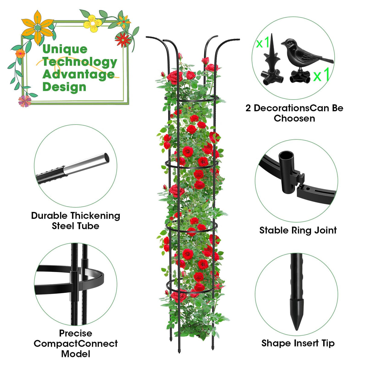 Tower Obelisk Garden Trellis for Climbing Plant，6.3FT/75.6" Rustproof Metal Potted Plant Climbing Support for Indoor Outdoor Flowers Vegetable Fruits Vines Support (2PCS)
