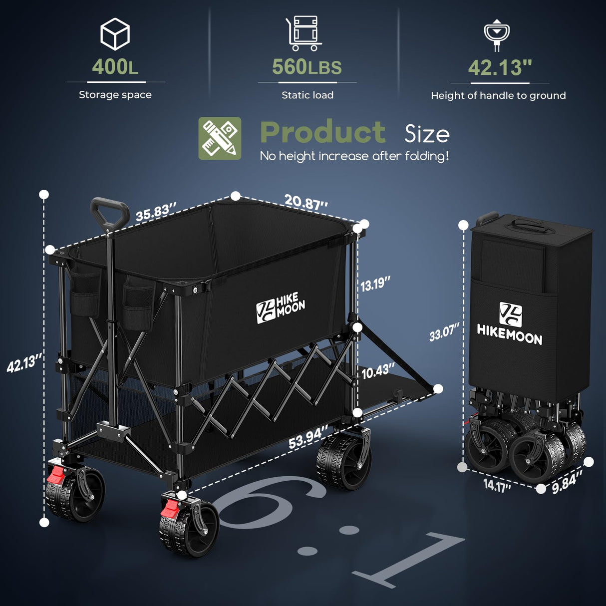 HIKEMOON Double Decker Collapsible Wagon with Extended Tailgate, Black