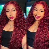 ILHILH 99J Burgundy Lace Front Wigs Human Hair Deep Wave 13x6 HD Lace Frontal Wigs Human Hair Pre Plucked 200 Density Wine Red Colored 99J Curly human hair Wig with Baby Hair 26 inch Glueless Wig