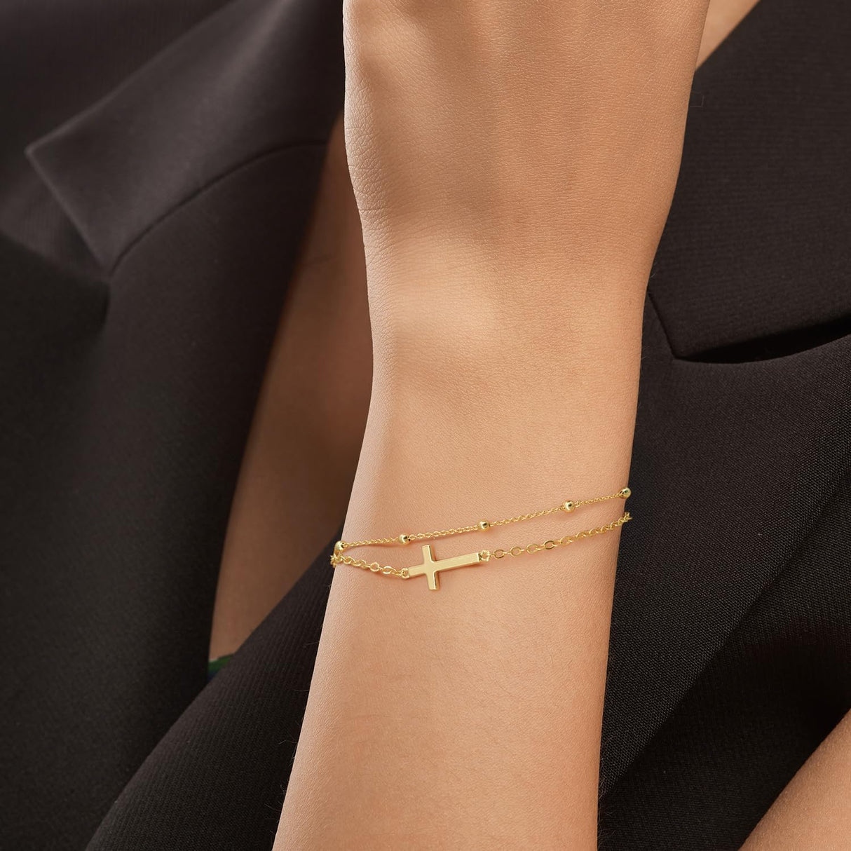 KHFGDS 14K Gold Cross Bracelet for Women Gold Bead Chain for Women