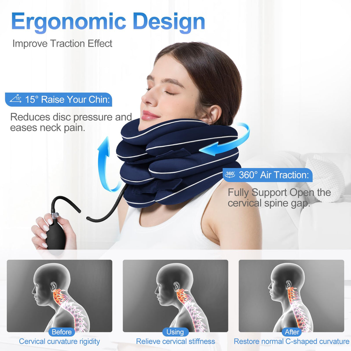 WellSync Inflatable & Adjustable Neck Traction Device with Neck Brace,Portable Cervical Traction Device for Instant Neck Pain Relief,Perfect for Home,Office,and Travel(Dark Blue)