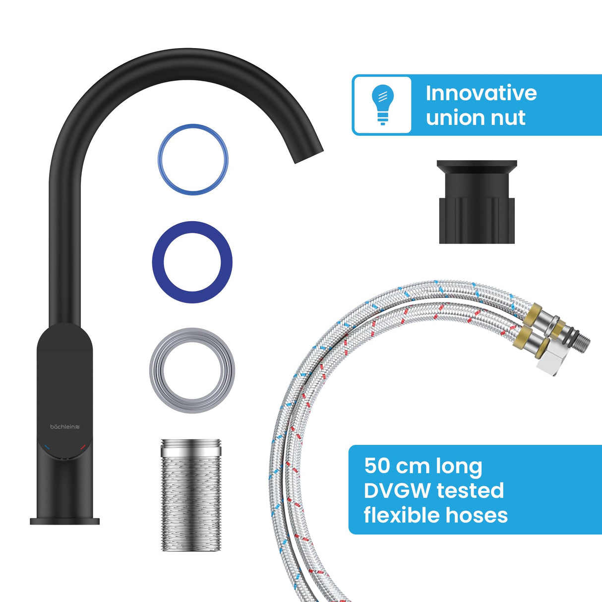 Bächlein Kitchen Faucet Matt Black - Sink Tap with 360° Swivel Spout, Modern Water Tap