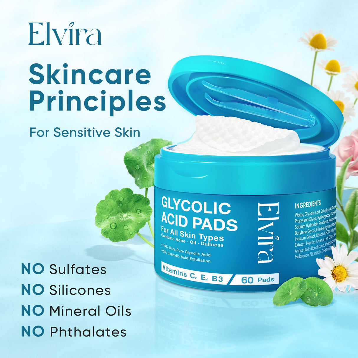 Elvira Korean Skincare Anti-Aging & Glycolic Acid Exfoliating Facial Pads With 10% Glycolic Acid, 2% Salicylic Acid & Niacinamide - 60 Toner Pads, Daily Peel Treatment for Acne Prone Sensitive Skin