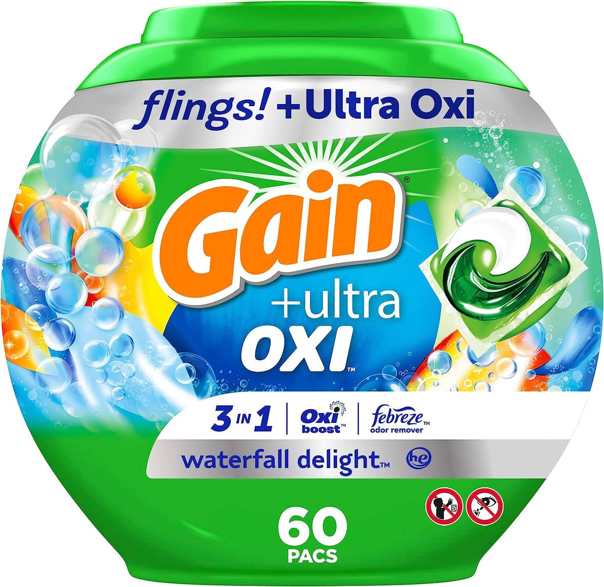Gain flings Ultra Oxi Laundry Detergent Pacs, 60 Count, Waterfall Delight Scent, 3-in-1, HE Compatible