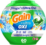 Gain flings Ultra Oxi Laundry Detergent Pacs, 60 Count, Waterfall Delight Scent, 3-in-1, HE Compatible