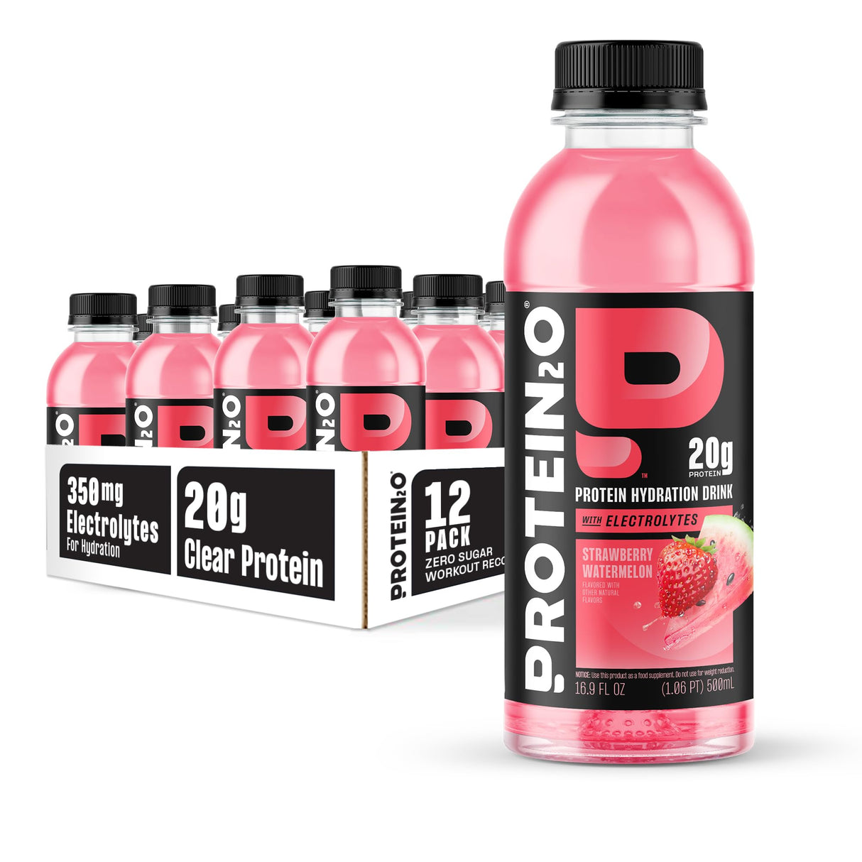 Protein2o Hydration Drink - 2-in-1 Liquid Clear Whey Protein Isolate and Electrolyte Drink - 20g Protein, Vitamins B5, B6 - Post-Workout Recovery - 16.9 Fl Oz - 12 Count Strawberry Watermelon