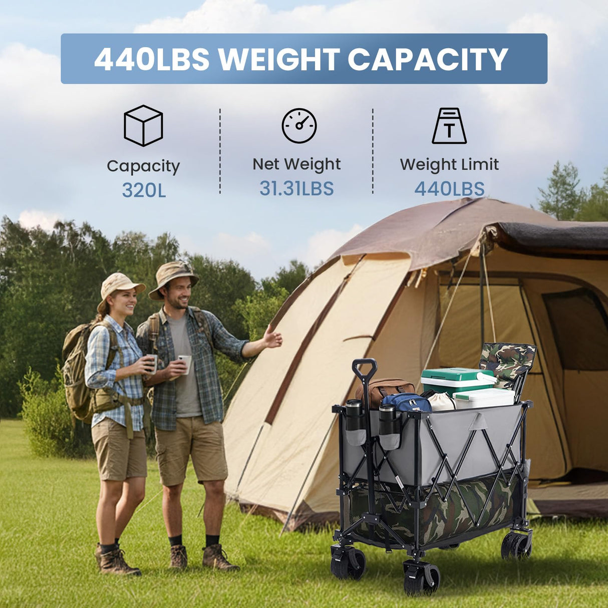 DUMOS Double Decker Wagon 440LBS, Collapsible Folding Beach Wagon 400L