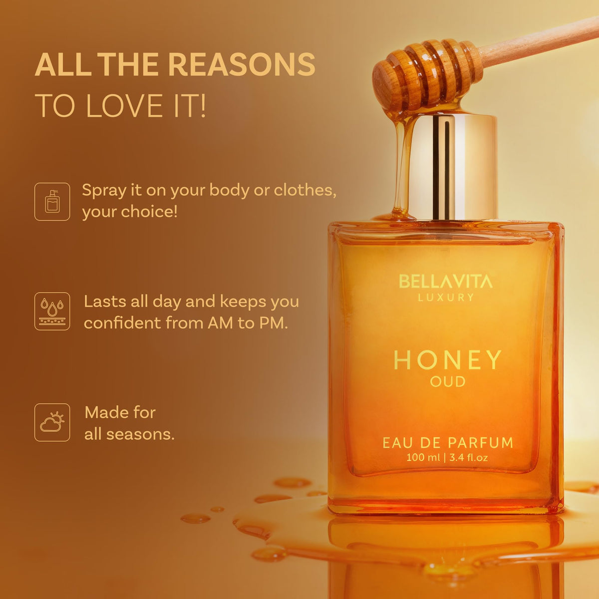 Bellavita Luxury Honey Oud Eau de Parfum Unisex, 3.4 fl oz (100 ml)