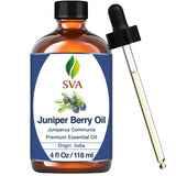 SVA Juniper Berry Essential Oil – 4 Fl Oz – 100% Natural Juniper Oil - for Diffuser, Hair Care, Face, Skin Care, Aromatherapy, Scalp and Body Massage, Soap and Candle Making – with Dropper