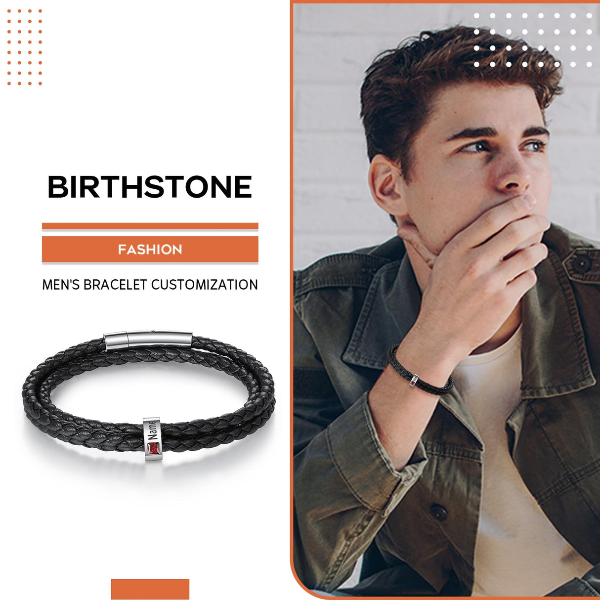 Jewelstruck Fathers Day Custom Bracelet for Men Personalized Leather Bracelets Customized Beads Engraved 1-8 Birthstone Names Jewelry Gifts for Men Husband Christmas Valentines