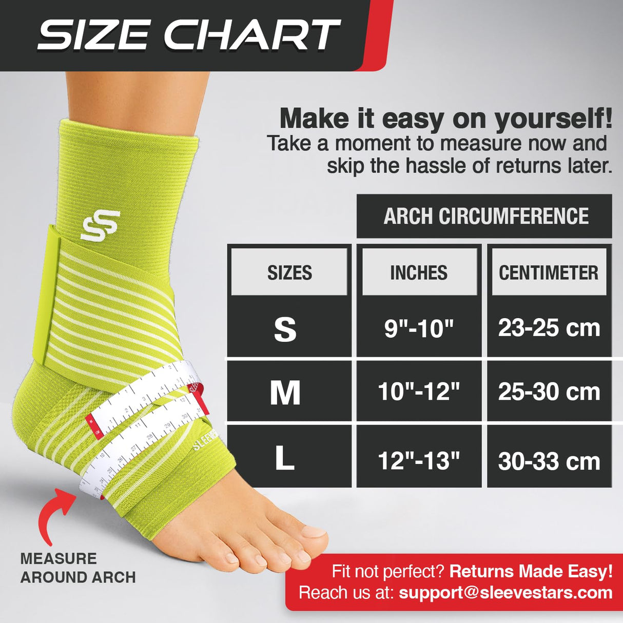 Sleeve Stars Ankle Brace for Women & Men, Ankle Wrap for Sprain, Compression Sleeve for Plantar Fasciitis Relief, Easy Customizable Support: w/ Removable Strap (Single/M:10"-12"/Neon Green)