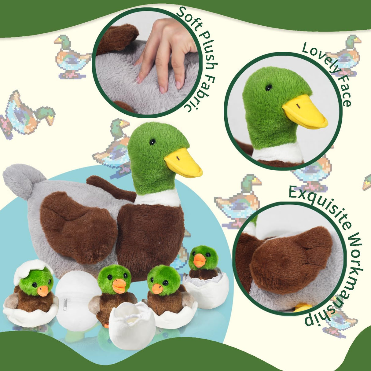 7 in 1 Mallard Duck Stuffed Animals Duck Plush Toys, 12" Zipper Mommy Stuffed Ducks with 4 Baby Ducks Ducklings Toy Eggs Plushies Pillow for Kids Birthday Christmas Surprise Gifts Farm Party Decors