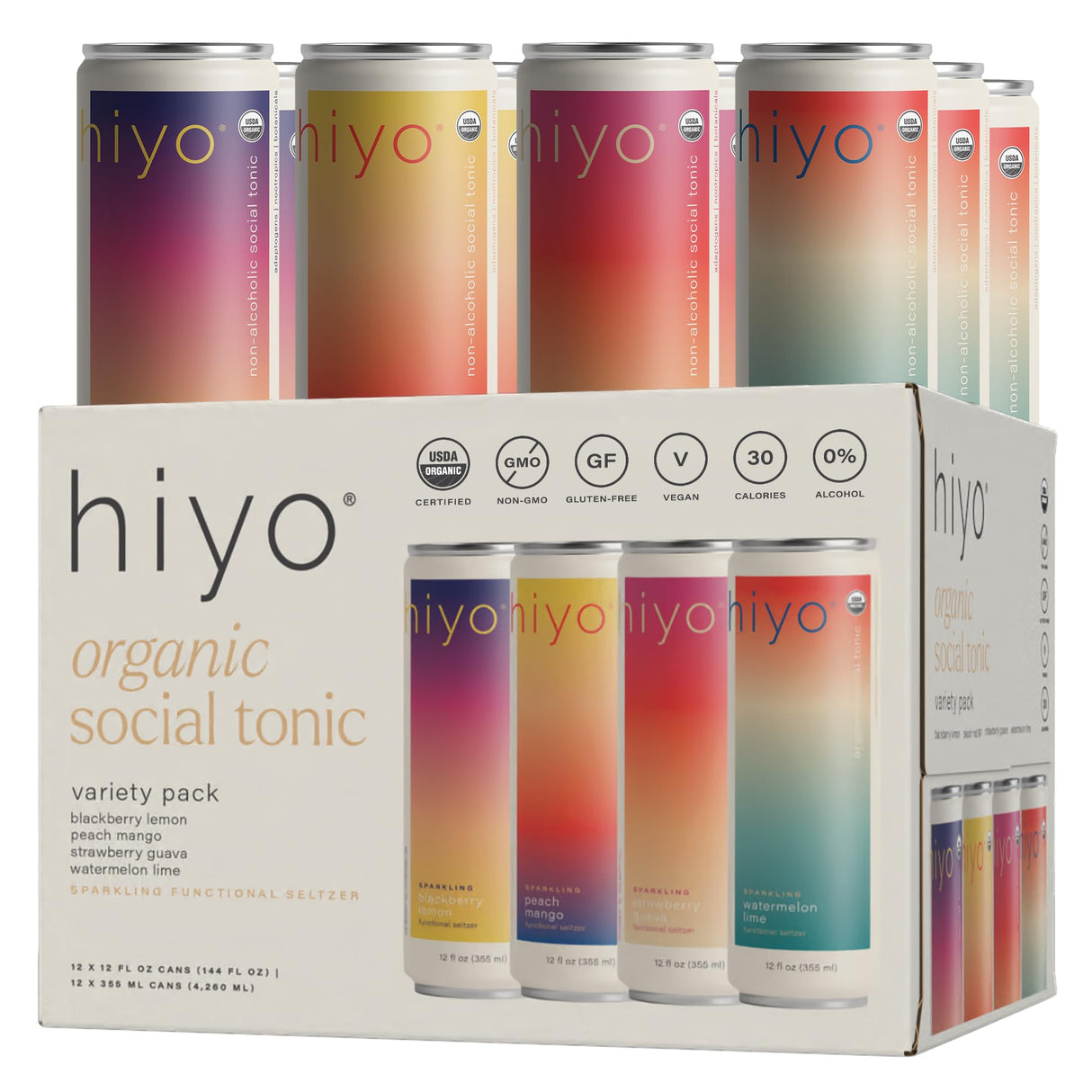 Hiyo Organic Social Tonic – Variety Pack, 12 Pack - N.A. Functional Seltzer, Sparkling Water Crafted with Organic Adaptogens, Nootropics & Botanicals