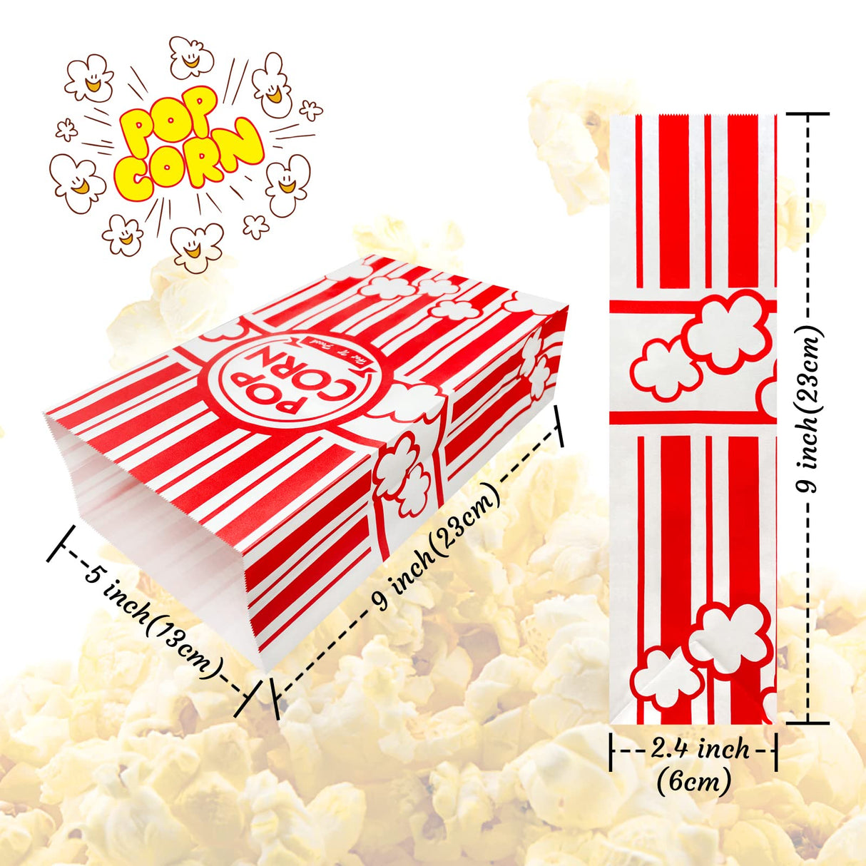 YESMONA 100 Pcs Flat Bottom Popcorn Bags, 2 oz Paper Popcorn Bags for Family Movie Night Baseball Themed Carnival Christmas Birthday Party